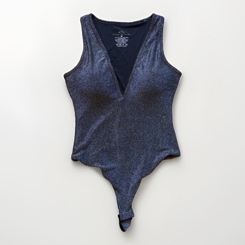 Klassy Network Black and Silver Shimmer Deep V Bodysuit Bramisuit Size Medium